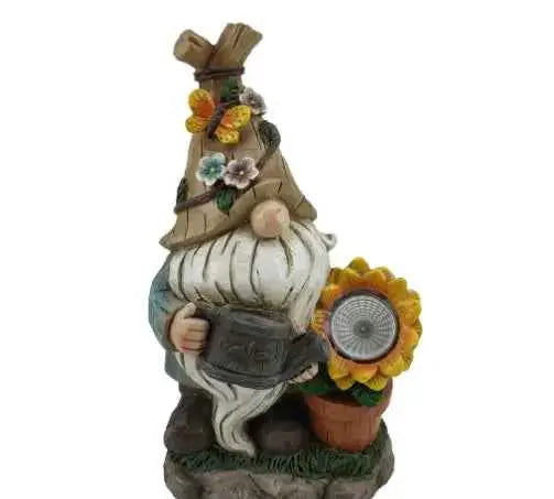 Garden solar powered watering sunflower dwarf resin decor  14 inches