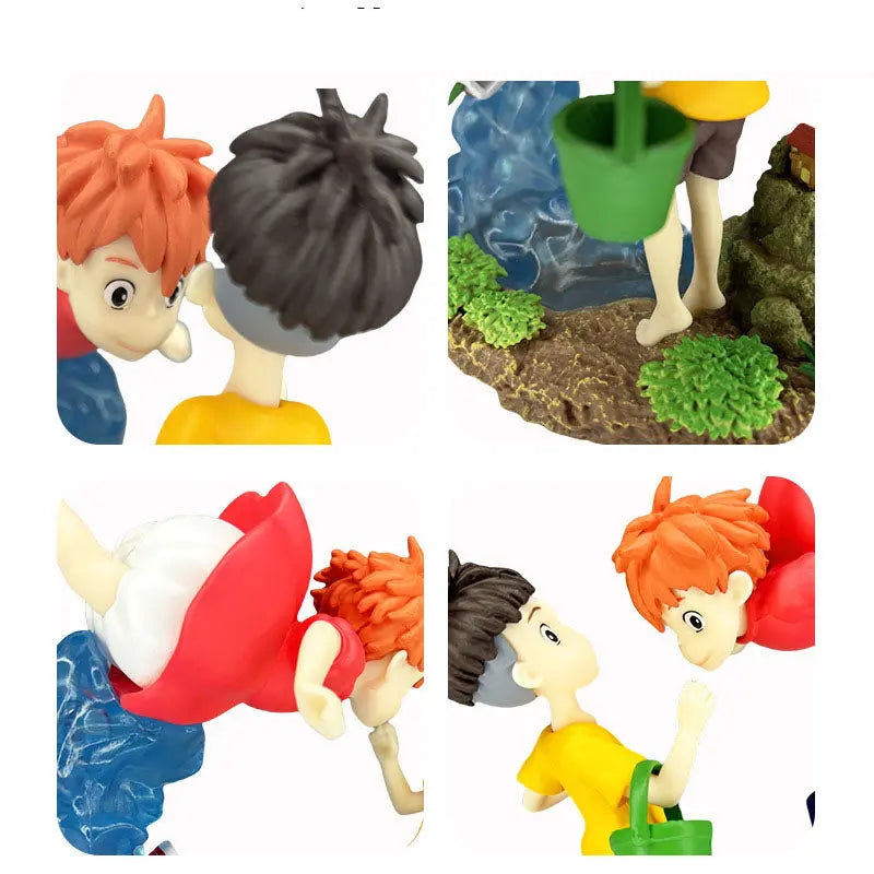 The scene of the encounter between Goldfish Hime, Mermaid Princess Ponyo, and Sosuke on the cliff is a static figurine model ornament eprolo