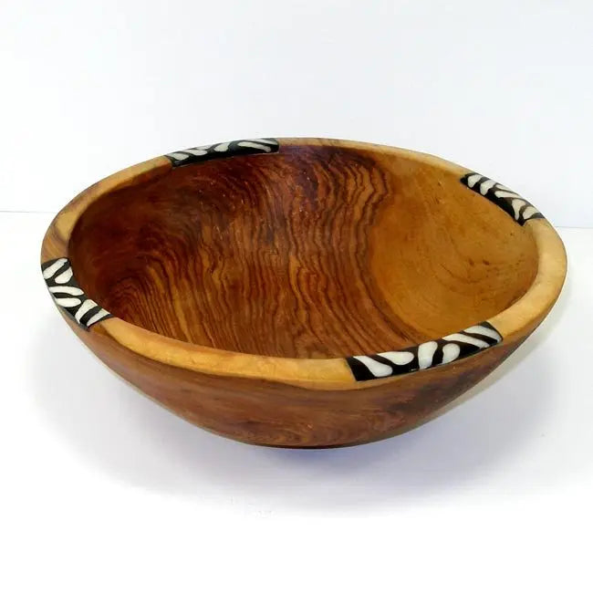 Handcarved Olive Wood Bowl 9 inch with Inlaid Bone - Jedando Handicrafts Jedando Handicrafts