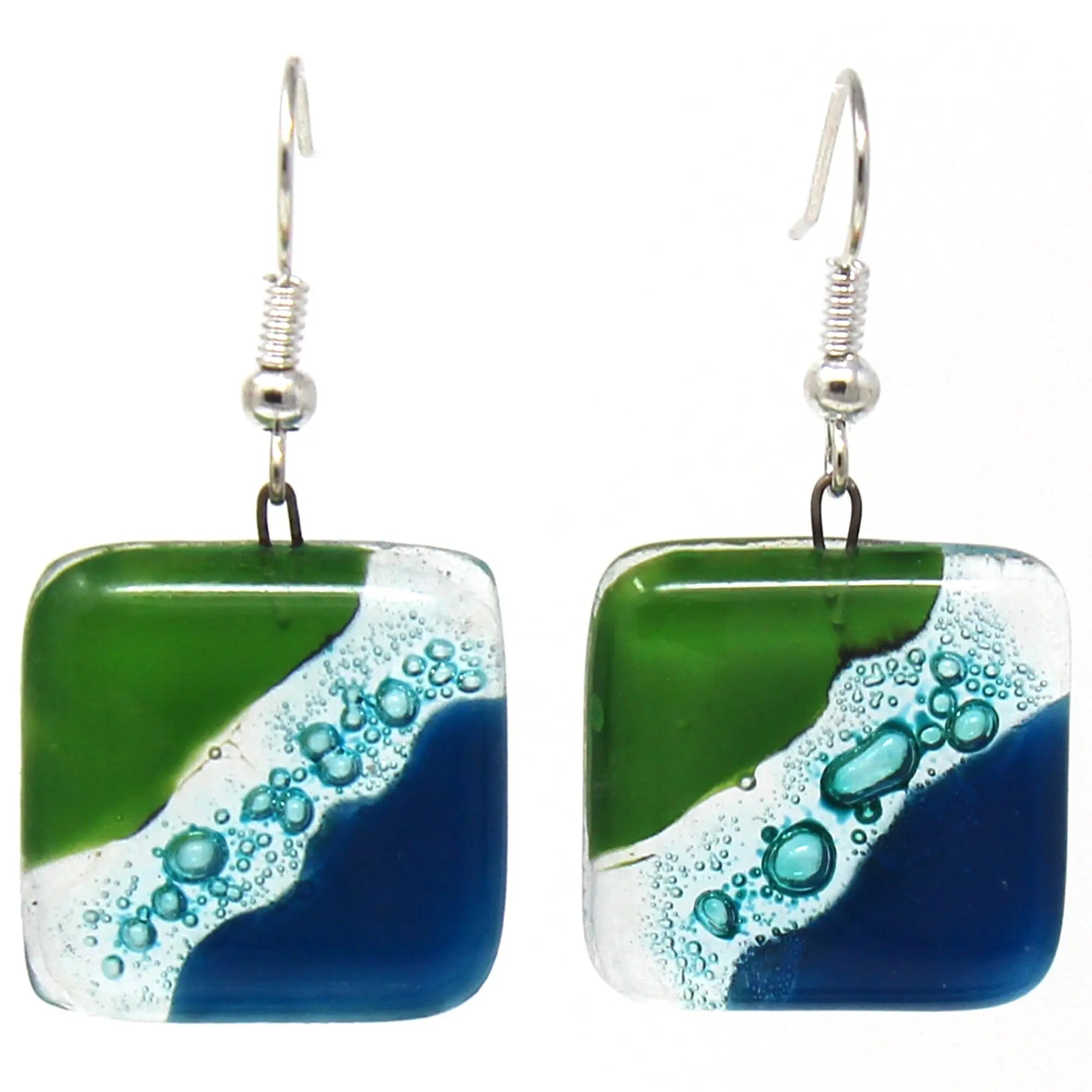 Square Glass Dangle Earrings, Blue Green Waves - Tili Glass Calypso Glass