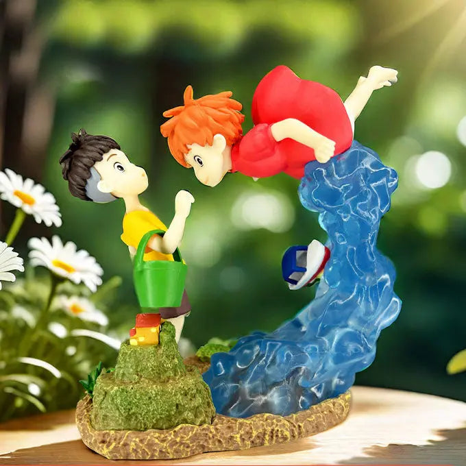 The scene of the encounter between Goldfish Hime, Mermaid Princess Ponyo, and Sosuke on the cliff is a static figurine model ornament eprolo