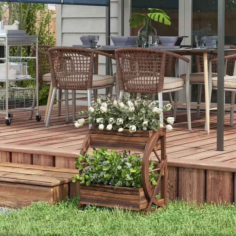 Outsunny Wooden Wagon Planter Box, 2-Tier Raised Garden Bed, For Vegetables Flowers Herbs,