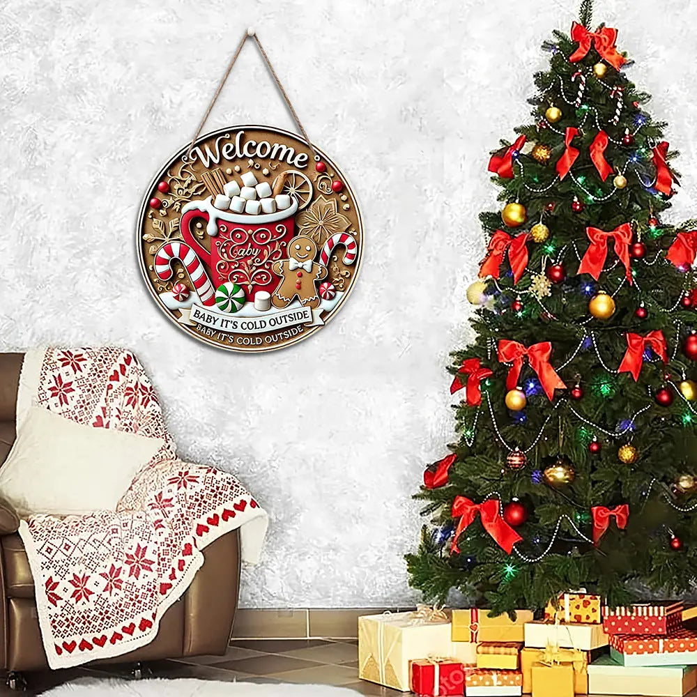 in stock American Country Christmas Holiday Round Door Plate Hanging Wooden Welcome Sign Decorative Pendant Wooden Tag Mayra and Company