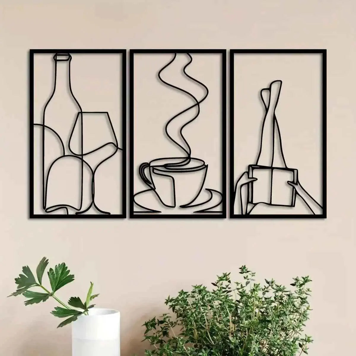 3-Piece Bookish Metal Wall Art, Minimalist Line Art for Reading & Coffee Lovers，Coffee Lover Minimalist Wall Art