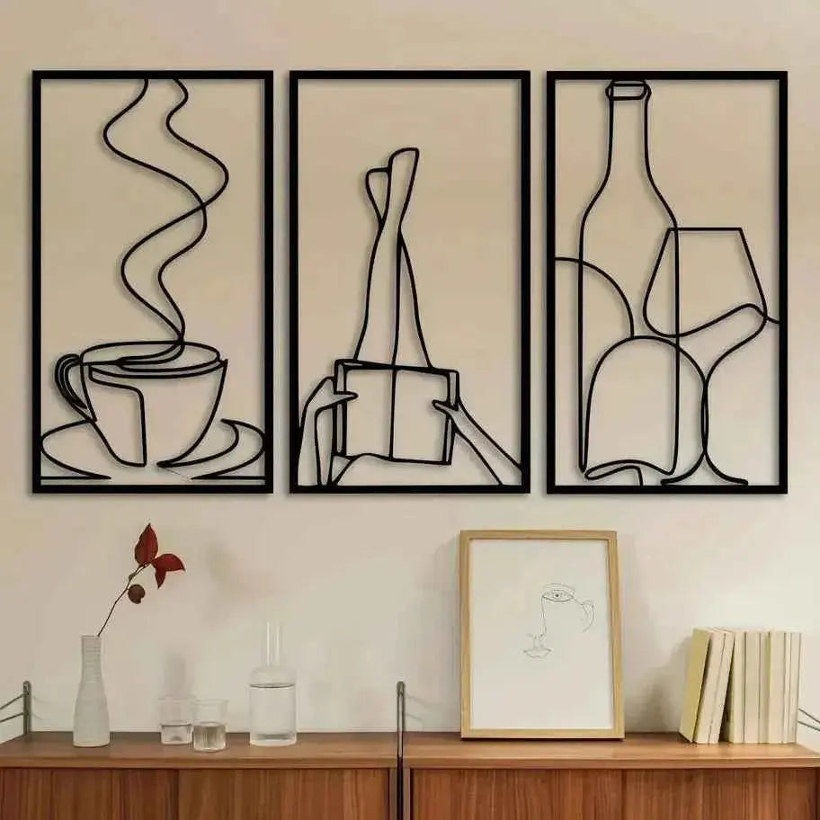 3-Piece Bookish Metal Wall Art, Minimalist Line Art for Reading & Coffee Lovers，Coffee Lover Minimalist Wall Art
