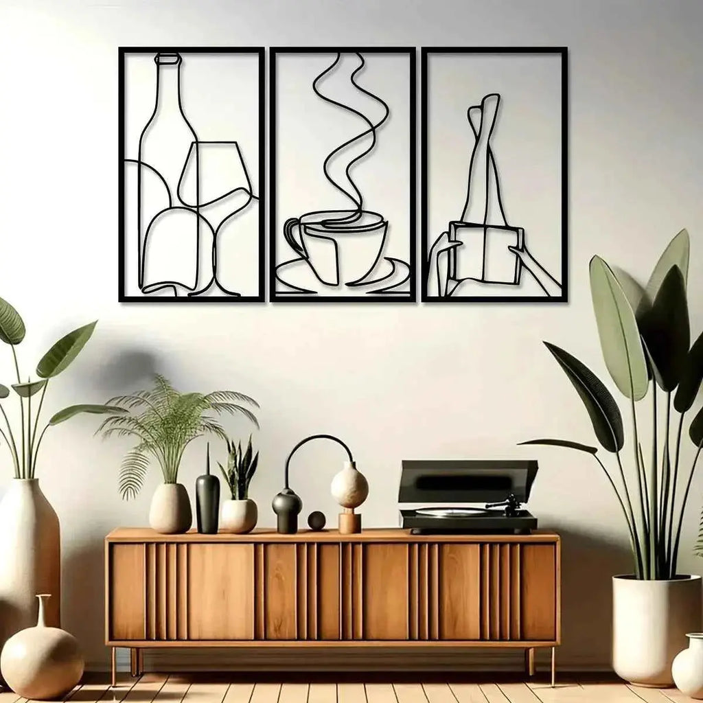 3-Piece Bookish Metal Wall Art, Minimalist Line Art for Reading & Coffee Lovers，Coffee Lover Minimalist Wall Art