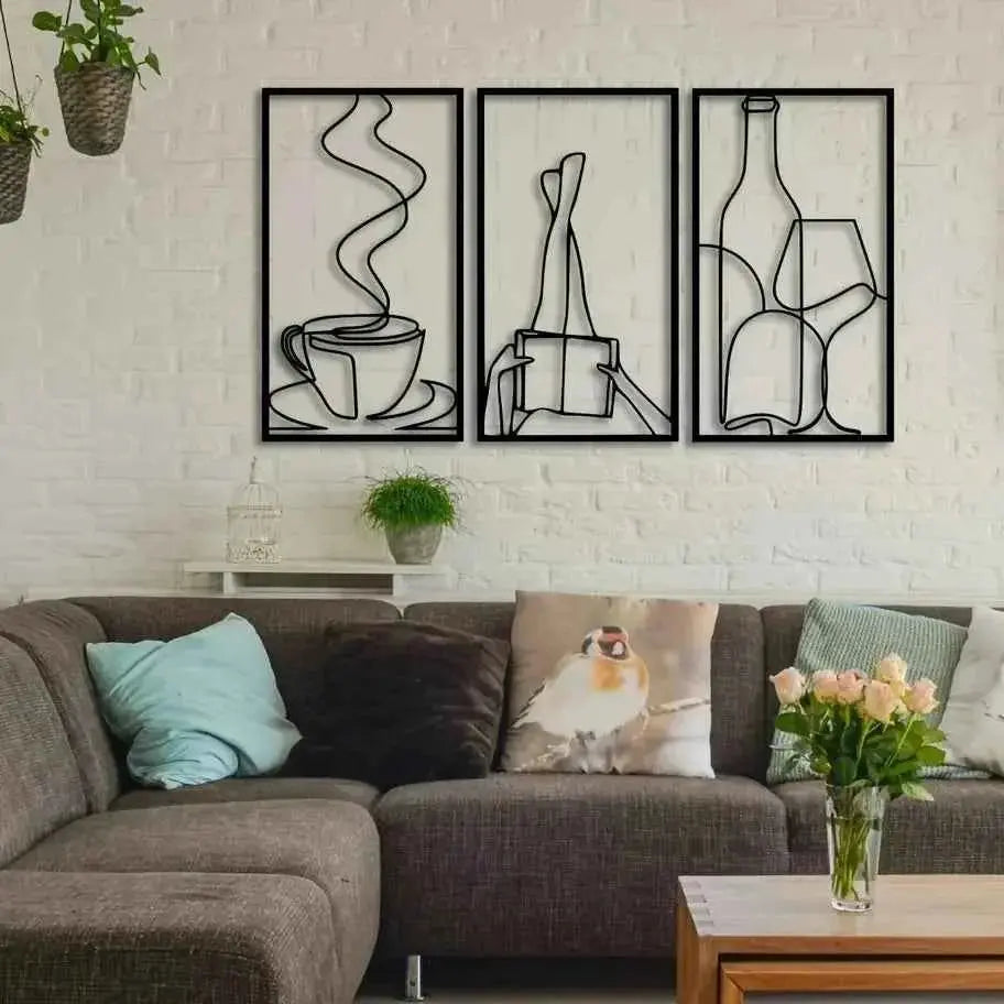 3-Piece Bookish Metal Wall Art, Minimalist Line Art for Reading & Coffee Lovers，Coffee Lover Minimalist Wall Art