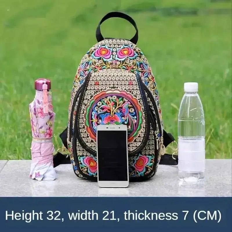 Women's Mini Embroidery Backpack, Backpack With Detachable Strap, Ethnic Style Versatile Multifunction Chest Bag