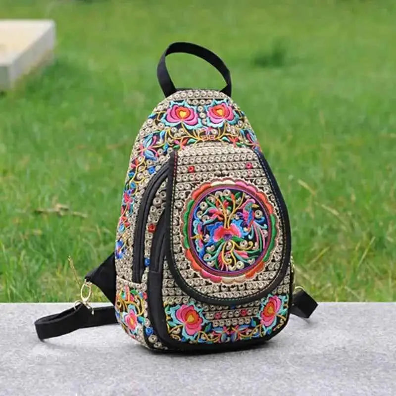 Women's Mini Embroidery Backpack, Backpack With Detachable Strap, Ethnic Style Versatile Multifunction Chest Bag
