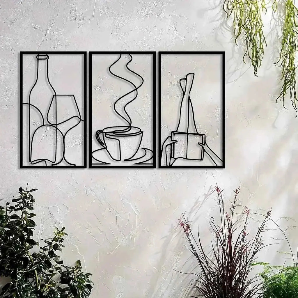3-Piece Bookish Metal Wall Art, Minimalist Line Art for Reading & Coffee Lovers，Coffee Lover Minimalist Wall Art