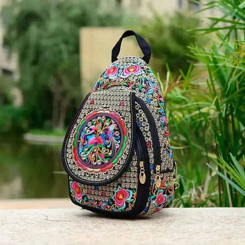 Women's Mini Embroidery Backpack, Backpack With Detachable Strap, Ethnic Style Versatile Multifunction Chest Bag