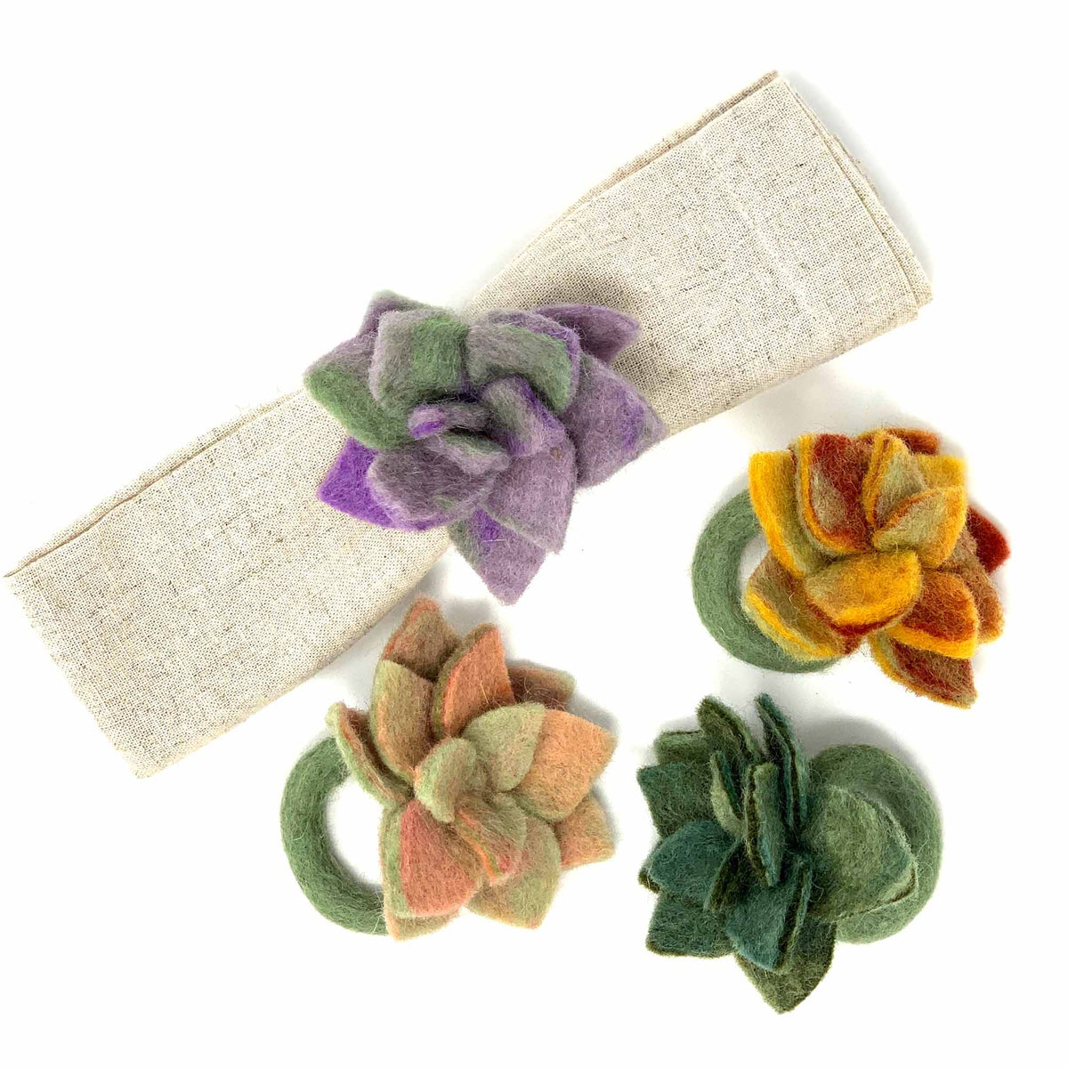 Hand-felted Succulent Napkin Rings, Set of Four Colors - Global Groove (T) Global Groove